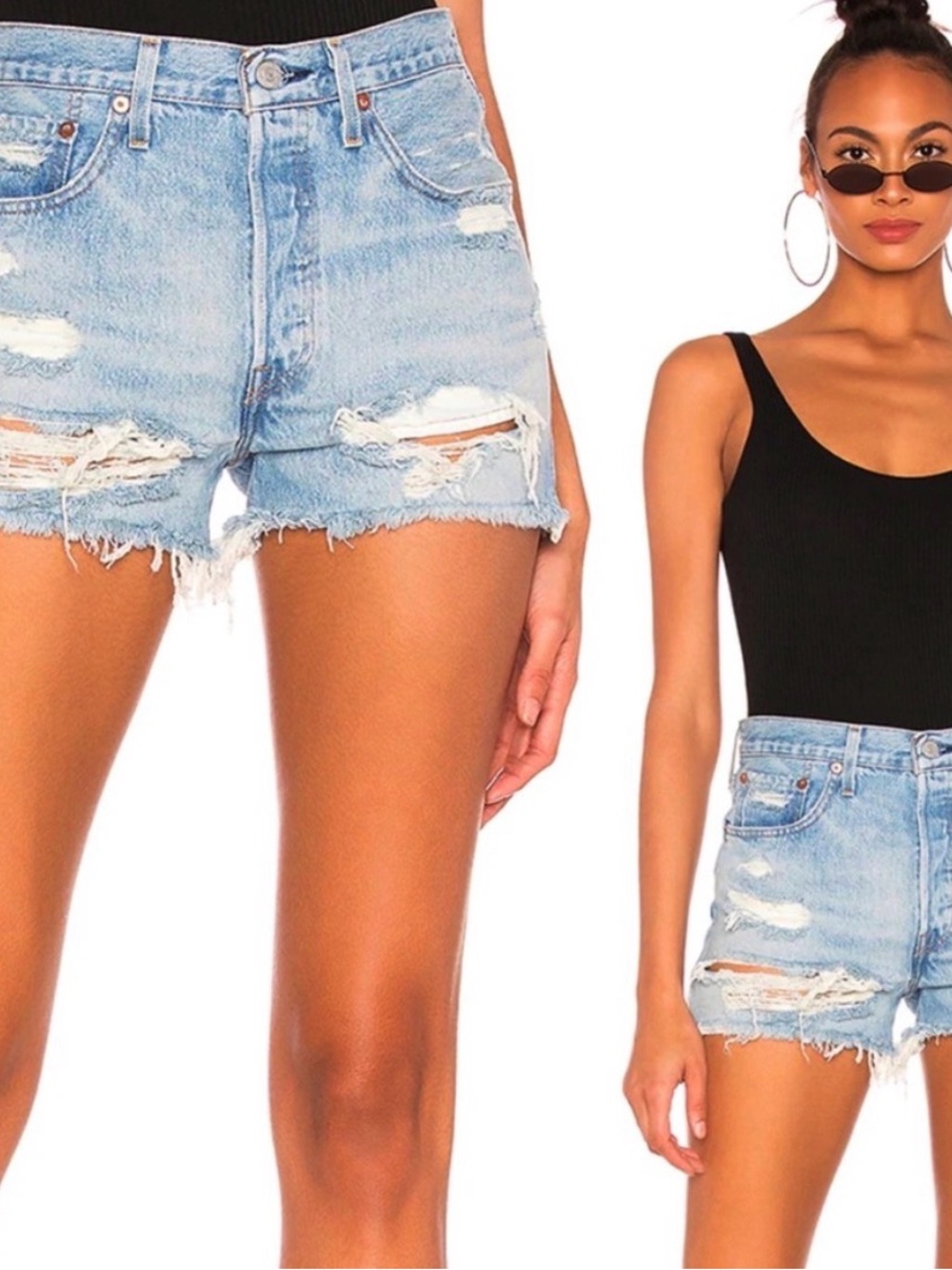 Levi’s 501 High-Waisted Ripped Cutoff Shorts in Fault Line